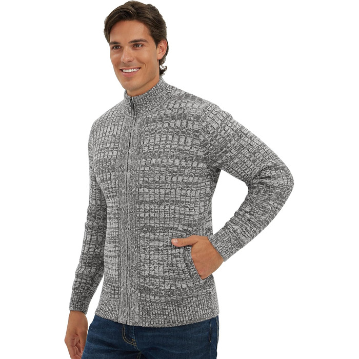 Чоловічий кардиган AOI RAY з блискавкою та стоячим коміром, в'язаний пуховий светр з двома кишенями, чорний (S, світло-сірий)