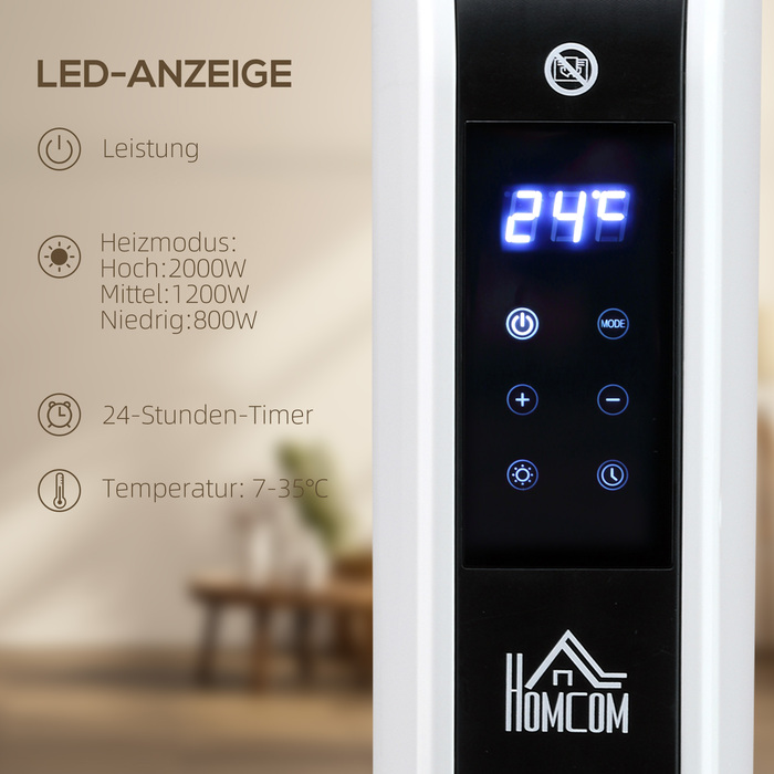 HOMCOM нагрівач, обігрівач 2180 Вт, електронагрівач з LED-підсвічуванням, 3 рівні нагріву, 24-годинний таймер, сталевий, білий, 60 x 18,5 x 39,5 см для ефективного обігріву