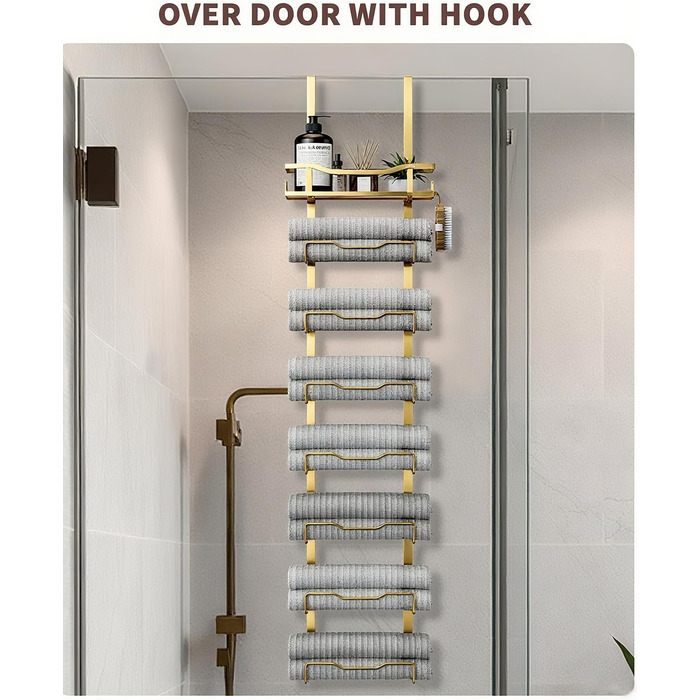 Настінний тримач для рушників у ванну кімнату, без свердління, 6-рівнева наддверна полиця для рушників, багаторівневий тримач для рушників на двері, для складених рушників (Золотий, 8 ярусів)