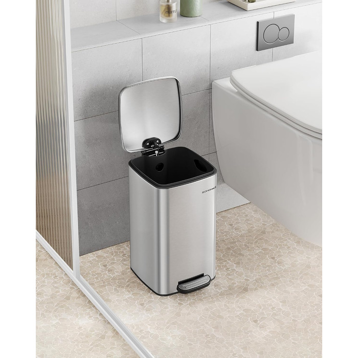 Смітник для ванної кімнати SONGMICS PLUSHIC LTB590B0602, педальний відро з кришкою Softclose, сталевий, 8 л, сріблястий металік