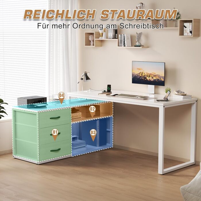 TriumphKey L-Shaped Desk with 3 Drawers & Storage, 140 x 105 x 75 cm - Reversible Corner Desk with USB Charging Ports & Power Outlets, White