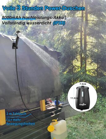 Портативний акумуляторний душ LIBERRWAY Campingdusche 8000mAh для кемпінгу, саду, авто – IPX8, 5 режимів, 2м шланг
