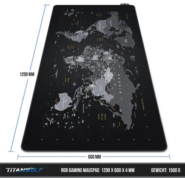 Ігровий килимок для миші TITANWOLF RGB XXL (800x300 мм) з LED-підсвіткою, 11 режимів освітлення, вологостійкий, чорний (дизайн World Map)