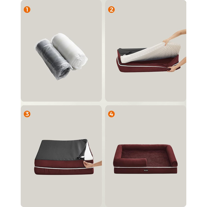 Feandrea Orthopedic Dog Bed, Dog Cushion, Dog Basket, Soft Padding, Dog Sofa, Raised Edges, Removable and Washable Cover, 91 x 71 x 20 cm, Non-Slip Bottom, PGW076G01 (L 120 x W 85 x H 20 cm, Berry Red)