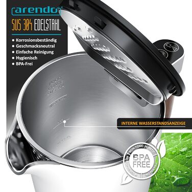 Arendo - Stainless Steel Kettle with Temperature Setting - 45°C-100°C - 1.5 Liter - Double-Walled - BPA Free - Keep Warm Function - Tea Kettle with Temperature Display - Cool Touch Handle - matte white (B: Dark Handle)