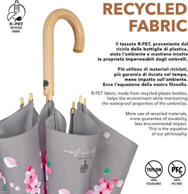 PERLETTI Green Eco Women's Umbrella - Large Automatic Rain Umbrella with Recycled Materials & Cherry Blossom Design