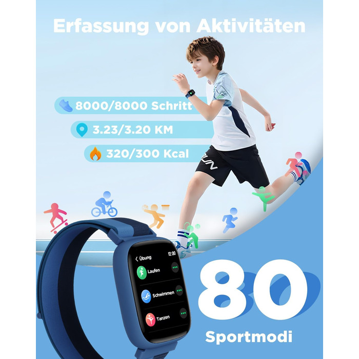 Смарт-годинник BIGGERFIVE для дітей, 1.8' екран, фітнес-трекер з підрахунком кроків, пульсометр, моніторинг сну, будильник, 5 ігор, водонепроникність IP68, ремінець з нейлону блакитного кольору