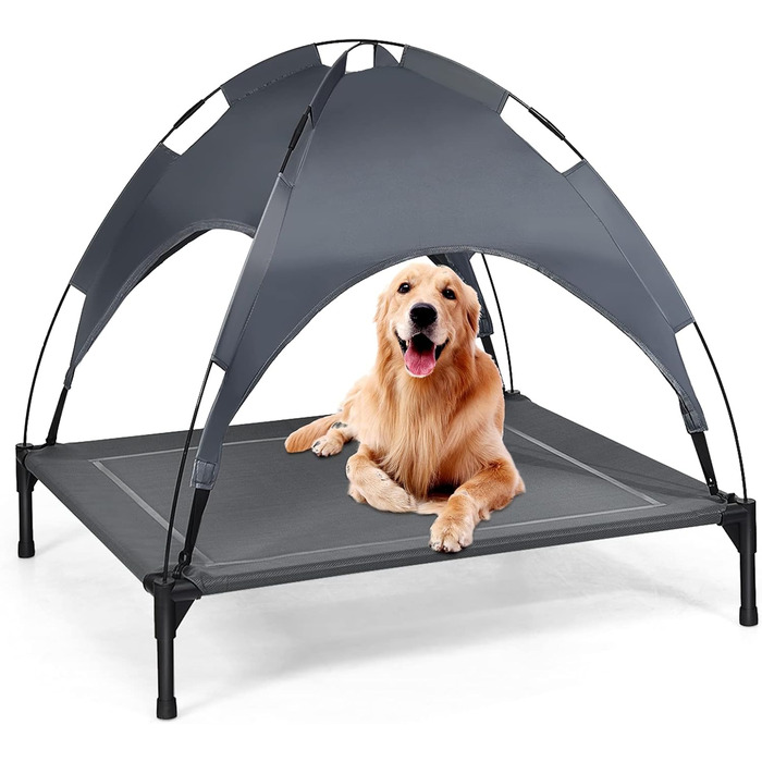 Гоплус Лежанка для собак з дахом, піднята лежанка для тварин, лежанка для домашніх улюбленців з металевим каркасом, водовідштовхуване собаче ліжко, котяче ліжко з сонцезахисним тентом, неслизькі накладки на ніжках, для використання в приміщенні та на вули