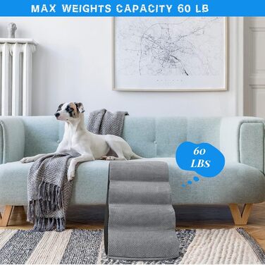 LIANTRAL Dog Stairs, 3 Steps Dog Stairs for Bed and Sofa made of High-Density Sponge, Cat Stairs Dog Ramp with Removable, Washable Cover and Pet Hair Remover Roller, 40 cm High (4 Steps Grey & Black)