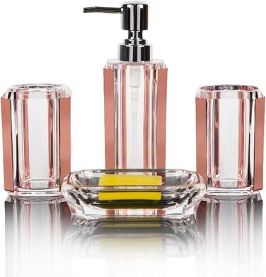Набір аксесуарів для ванної кімнати з акрилу преміум-якості (4 шт.): дозатор для дезінфікуючого засобу, диспенсер для лосьйону, мильниця, стакан для ополіскувача, стакан для зубної пасти (чорний/золотий)
