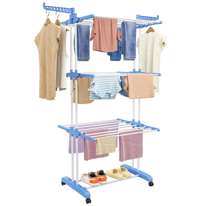 Сушарка для білизни турбо тип, сушарка для одягу з 6 відкидними крилами та 2 боковими крилами, мобільна сушарка для білизни на коліщатках для дому та вулиці, блакитна