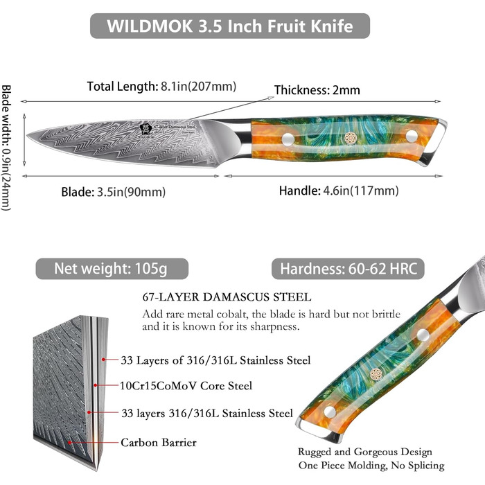 Ніж кухонний WILDMOK 8см, VG10 сталь, Дамаск, для нарізання та очищення фруктів, з жовтою ручкою, подарункова коробка