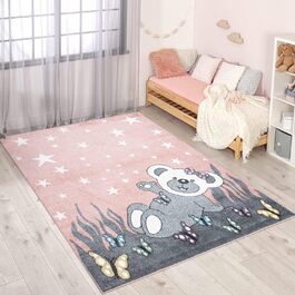 Килим для дитячої кімнати Teddy-Bär, рожевий/сірий, 140x200 см, короткий ворс, зірки, метелики, м'який
