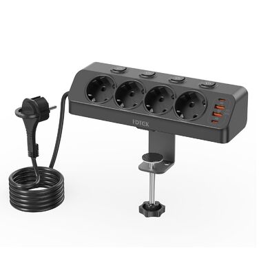Мережевий адаптер PD 20W з плоским штеплером, розетка FDTEK 4-портова з індивідуальним вимикачем, 4000W, 16A, USB-C, розетка для столу з вимикачем, настільна розетка з кріпленням на стіну, кабель 2м (Чорний з кріпильною пластиною)