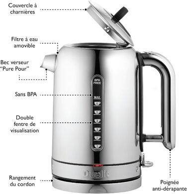 Електричний чайник Dualit Classic з нержавіючої сталі, 1.7л, 3kW, з фільтром для води, чорний