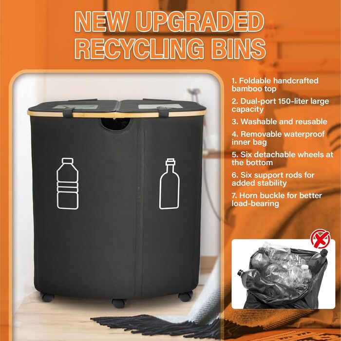Deposit bottle collection container with lid & 2 removable carrying bags, large deposit bottle storage, container for empties & glass recycling, kitchen pantry bottle bag (150L)