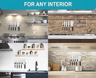 Improved 50cm Trhillsbrad Magnetic Knife Strip, 50cm Magnetic Knife Holder with 3 Hooks, Stainless Steel Knife Rail, Self-Adhesive, Black Wall Mount Magnetic Strip, No Drilling Knife Holder
