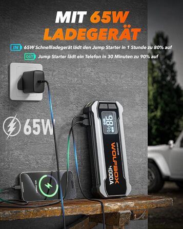 WOLFBOX Powerbank для запуску авто 4000A, 12V, з LED-ліхтарем та великим екраном, для легкових автомобілів, SUV, вантажівок та мотоциклів