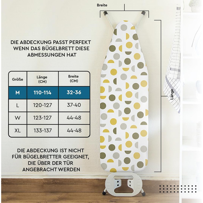 Чохол для прасувального столу Encasa XO з фетровою підкладкою та шнуровим посиленням (підходить для стандартних прасувальних столів 112x34 см), світловідбиваючий, з принтом (M, зелені листочки)