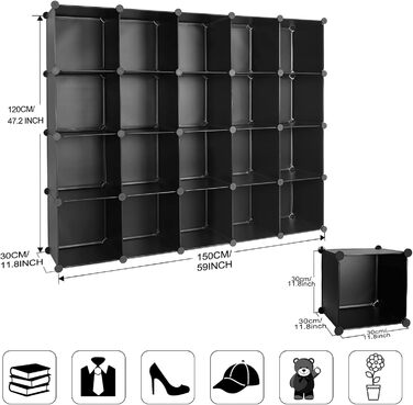 TUMUCUTE Storage Cube Shelf with 9 Cubes, Plastic, Cabinet, Modular, Bookshelf, Storage Shelves for Bedroom, Living Room, Office, (Black Plastic, 20 Cubes)