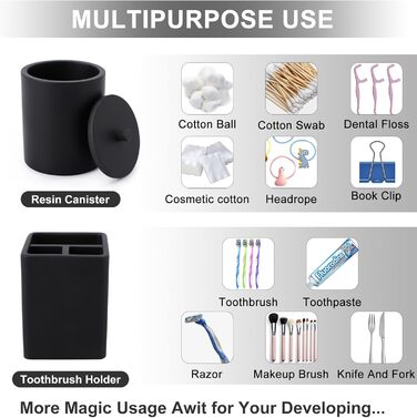 Набір аксесуарів для ванної кімнати з штучного каміння, матовий чорний, 5 предметів: дозатор мила, органайзер, тримач для зубних щіток, самостійно висувний дозатор мила та стакан для ванної кімнати. Сучасний дизайн.