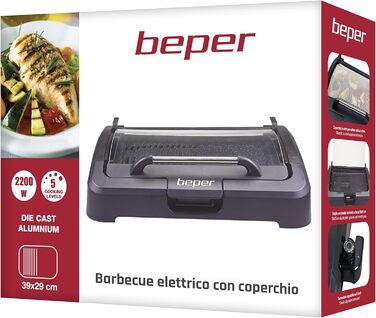 BEPER Electric Grill with Glass Lid - Non-Stick Coated Grill Plate, Stainless Steel, 2200W, Black