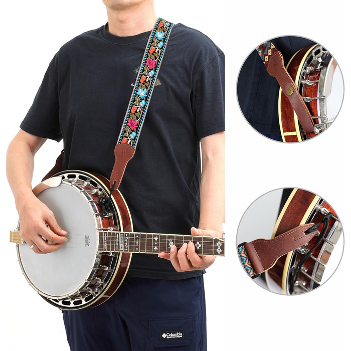 Гітарний ремінь Nefelibata Banjo-Gurt, 5,1 см, повна шкіра з телячої шкіри, вишивка квітів