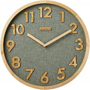 JIYUERLTD 30cm Wall Clock Silent Kitchen Clock Non-Ticking Quartz Wall Clocks Wooden Numbers 3D Display, Wooden Frame with Linen Face Clock for Home Office Classroom School. (Green)