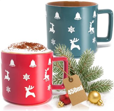 4 чашки для кави Com-Four® з кераміки - 250 мл (червоний/сірий/зелений/синій) з різдвяним дизайном, 450 мл (2 шт. з різдвяними мотивами)