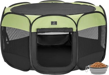 Клітка-вигул для цуценят та кошенят 4 Pet, розкладна, для собак та котів, для дому, з блискавкою, портативна, M, блакитно-біла (M з мискою, чорна/зелена)