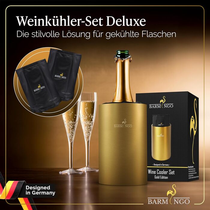 Охолоджувач для вина BARMINGO з нержавіючої сталі з 2 охолоджувальними акумуляторами – охолоджувач для напоїв та пляшок для вина, шампанського та секту | Подвійний сектокюлер з охолоджувальними манжетами | Охолоджувач для винних пляшок | Золотий