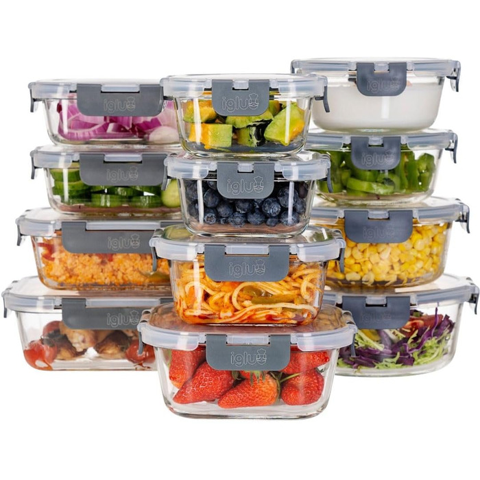 Набір контейнерів для їжі Igluu Meal Prep (12 шт.) – 1050 мл, Borosilikatglas, BPA-free, мікрохвильовка, духовка, морозильник, посудомийна машина, витікання