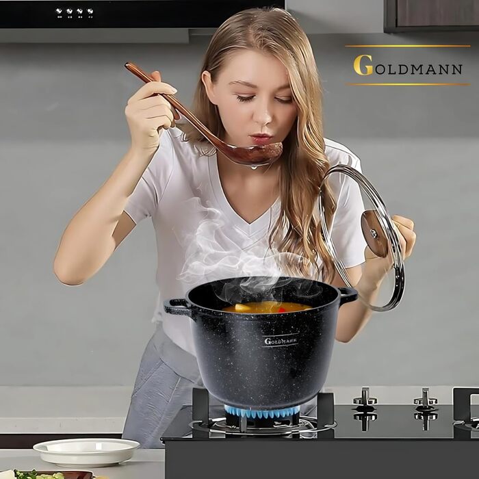 Каструля Goldmann 28 см з алюмінію з нержавіючою сталлю (10 л) з силіконовими ручками, антипригарне покриття з мармурової кераміки та скляною кришкою