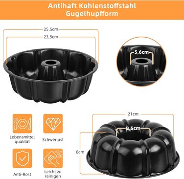 Форма для кексів Onader, карбонова сталь з антипригарним покриттям, 25,5 см, кругла, для випікання кексів, хліба, здоби, легко миється (чорна)