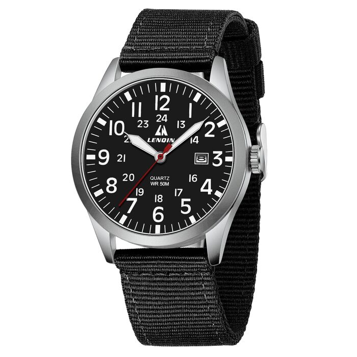 Чоловічий годинник LN LENQIN: аналоговий кварцовий годинник з нейлоновим ремінцем, 30M водостійкість, з датою (чорний, срібний, чорний)