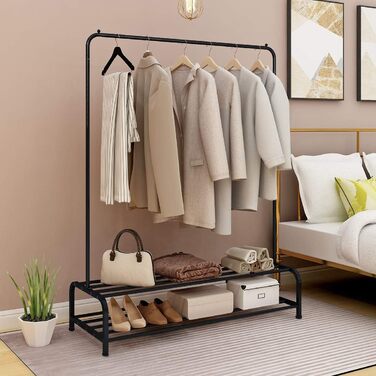 JURMERRY Clothes Rack Metal Clothes Rack Pipe Hanging Clothes Rack Heavy Duty Shelf 2-Tier Metal with Home Office Indoor, Black