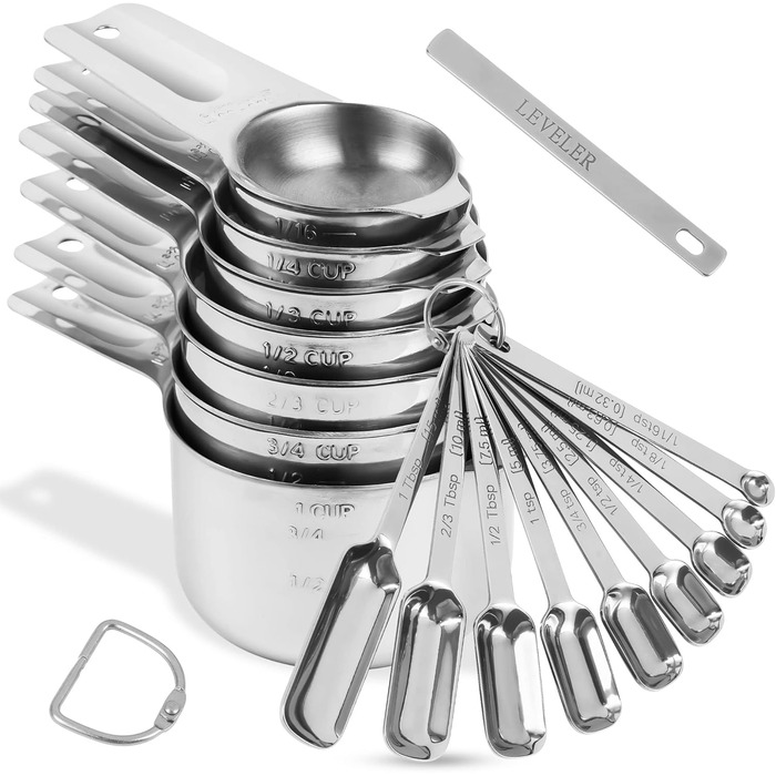Generic stainless steel measuring cups and spoons, 18/8 (304), silver, 17-piece set, 240 ml, including 7 measuring cups and 9 spoons, plus a leveler and rings.