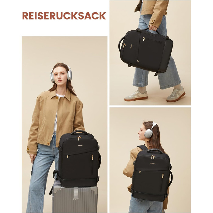 LOVEVOOK Рюкзак ручної об'єм 40L, 45x33x20cm: Рюкзак для подорожей та бізнесу, розширюваний, ручна поклажа, чорний