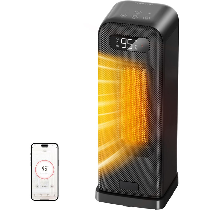 Електричний обігрівач PTC, 2000W, керамічний, тихий, з термостатом та пультом ДУ, ECO режим, 70° осциляція, таймер 12h, захист від перегріву та перекидання, чорний, 1 шт (40см)