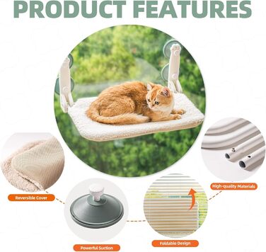 EWOOFUN Cat Hammock Window Perch 54x30cm Cat Bed Window Hanging - Reversible Hammock - Cat Window Lounger with Upgraded Suction Cups up to 18kg (Beige, L)