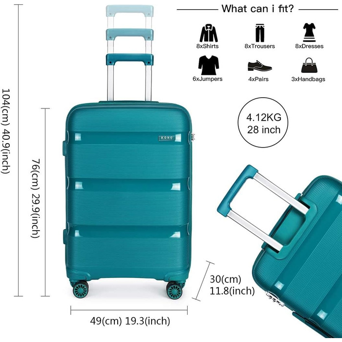 Чохол-валіза KONO 76см з TSA замком та 4 колесами. Валіза з поліпропілену, 76x49x30см, 100л (Турквіз-зелений, XL)