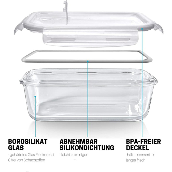 Контейнери для їжі Igluu Glas - 5 шт + 1 кришка, 840 мл, скло Borosilicate, мікрохвильова, духовка, морозилка, посудомийка, герметичні, прямокутні