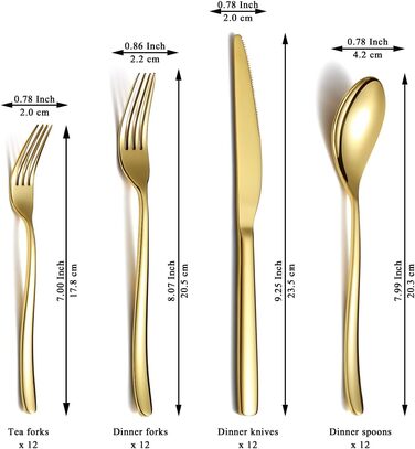 Gold Flatware Set, 48-Piece Service for 12 People, Golden Titanium Stainless Steel Flatware Set, Gold Spoon Fork Knife Set for Home, Wedding, Restaurant, Hotel, Dishwasher-Safe