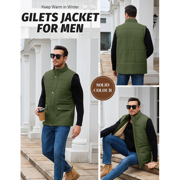 Xnova чоловіча зимова жилетка з підкладкою Thero Sherpa, тепла флісова жилетка, зимова куртка, жилетка для полювання, робоча жилетка, флісова жилетка для активного відпочинку з коміром-стійкою (Зелений, M)