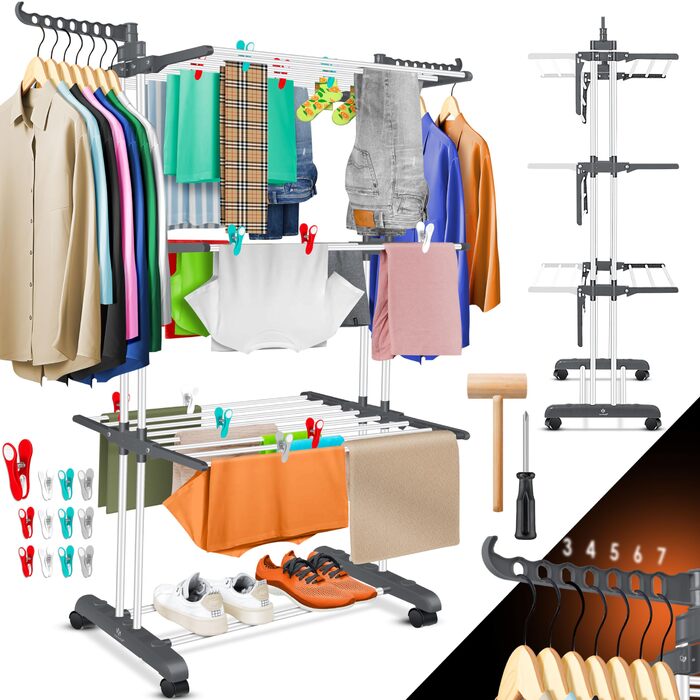 Кюссер® Сушилка для білизни з колесами - Турбо-модель, 4 яруси, 2 обертові крила, 6 склавних секцій, білий/антрацитовий