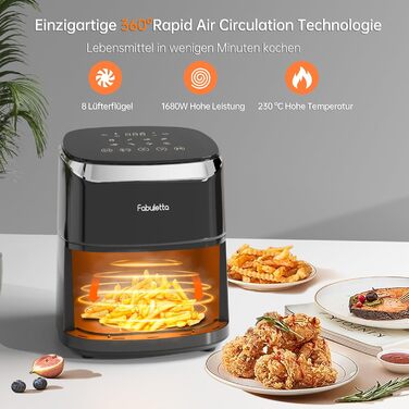 Фритюрниця з гарячим повітрям Fabuletta 4 л, 9-в-1, цифрова LED-панель, до 230°C, швидке приготування та знежирення, попередній нагрів, Shake-режим, чорна