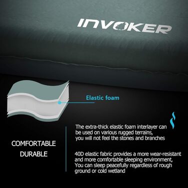 Каремат для кемпінгу Invoker - 8 см, самонадувний, з подушкою. Швидке надування за 25 секунд, для подорожей, рюкзаків та піших прогулянок. Легкий, зелений.