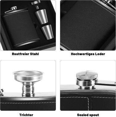 Фляга нержавіюча Kasanni 8oz/230 мл, з келихами та воронкою, чорна шкіряна, для піших прогулянок