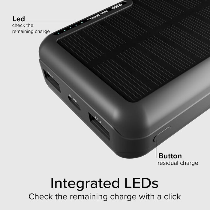 Powerbank SBS Solar 20000mAh з сонячною панеллю, швидкою зарядкою, LED-індикатором, USB-C, USB-A, чорний