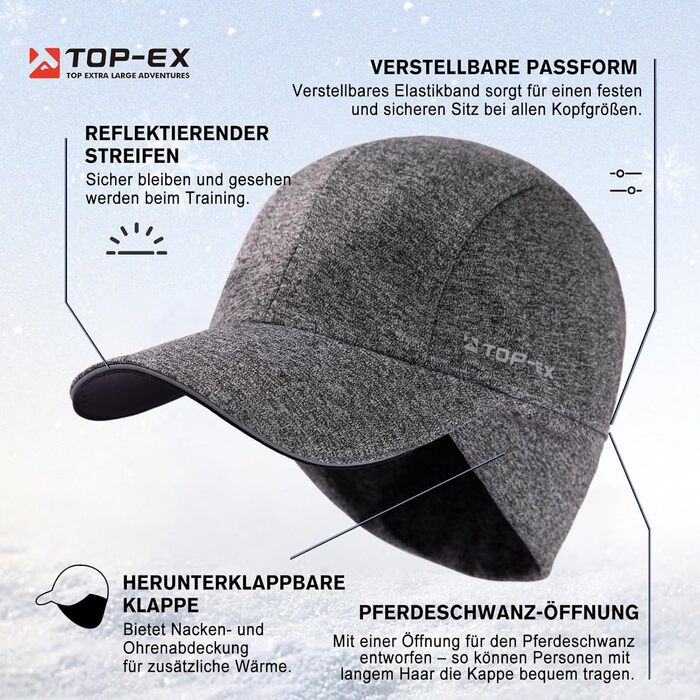 Водонепроникна шапка-кепка TOP-EX для жінок з відкидною часткою та отвором для хвостика, тепла флісова підкладка, біг узимку, світловідбиваюча, сірий колір, розмір L-XL